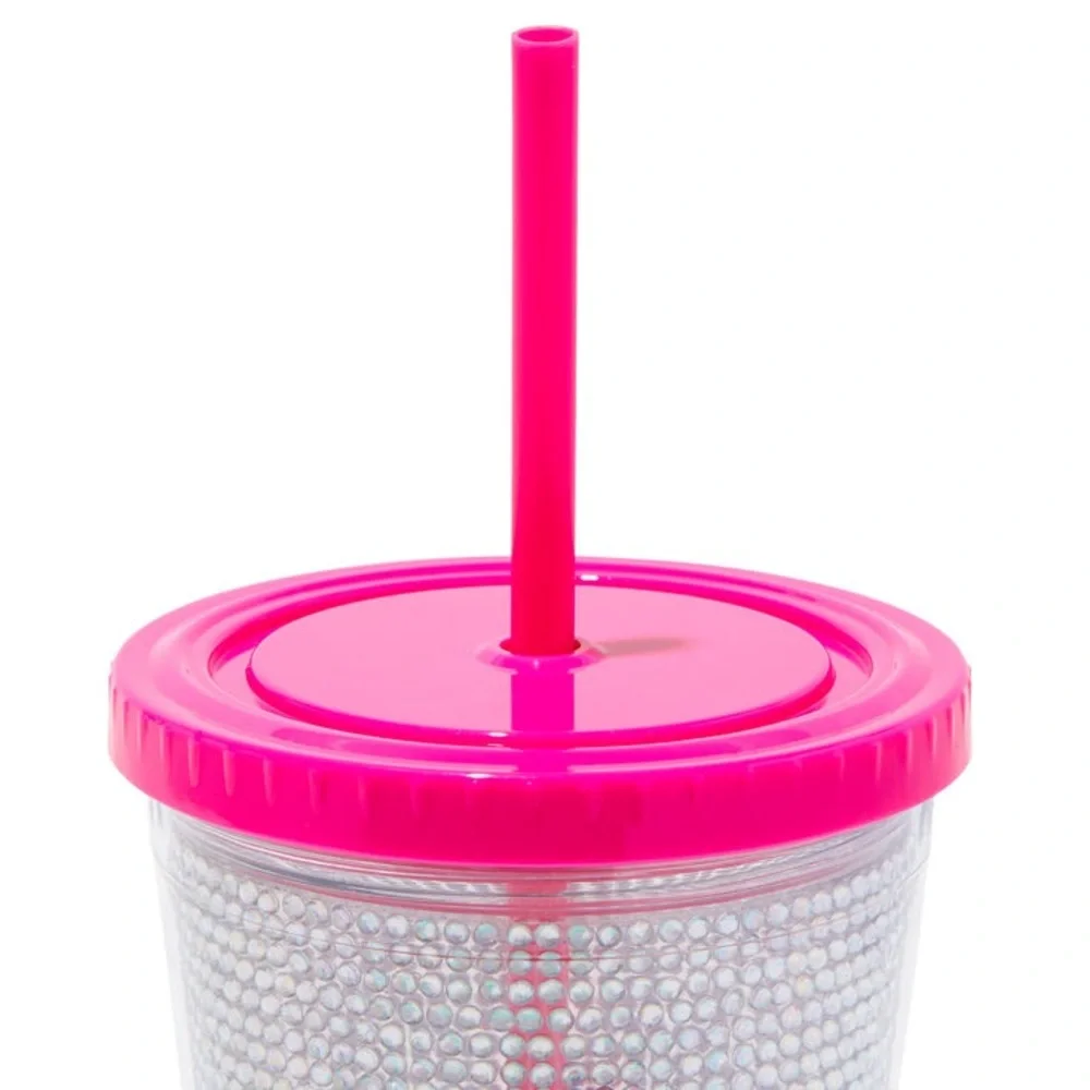 BARBIE Pink / Silver Rhinestone Tumbler Cup With Straw